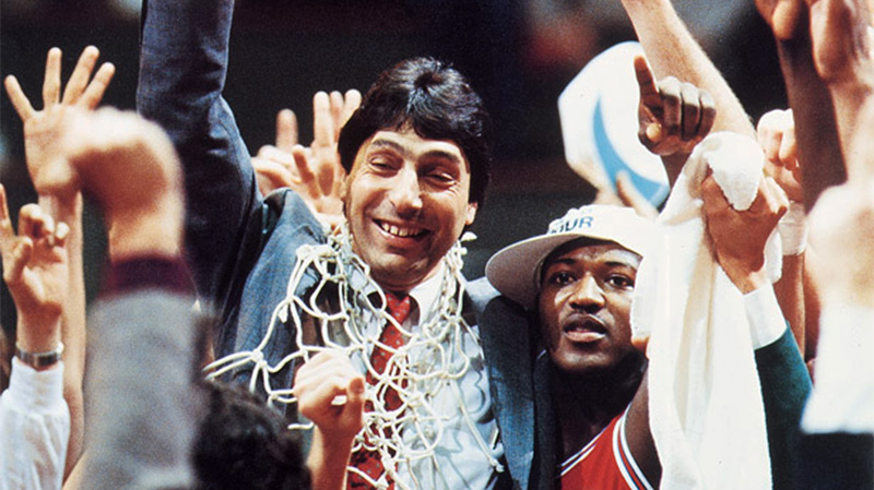 Photo of victorious basketball coach Jim Valvano